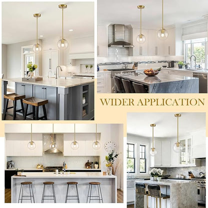 Bagood 6" Globe Pendant Light Gold 2 Pack Mid Century Pendant Light Globe Pendant Lights Kitchen Island Brushed Brass Finished with Clear Glass Adjustable Ceiling Light Fixtures for Dining Room Bar