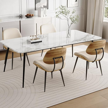 Mid Century Modern Dining Chairs Set of 6, PU Leather Armless Kitchen Chairs with Walnut Bentwood Back & Metal Legs, Sturdy Retro Accent Chairs for Dining Room, Living Room, Beige
