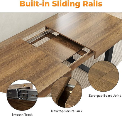 Zevemomo 63"-78.7" Expandable Dining Table, 6-8 Extendable Dining Table, Rectangle Conference Table, Farmhouse Kitchen Table with Slide Track, Tapered U-Shaped Wood Legs for Office, Living Room-Brown