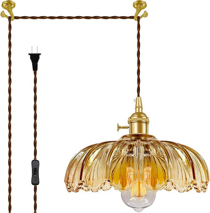 Plug-in Pendant Light Fixture, Hanging Light Fixture, Glass Pendant Light, Swag Lamp with Inline On/Off Switch for Kitchen Island, Bedroom, Dining Room, Living Room (Amber Lotus, Plug-in)