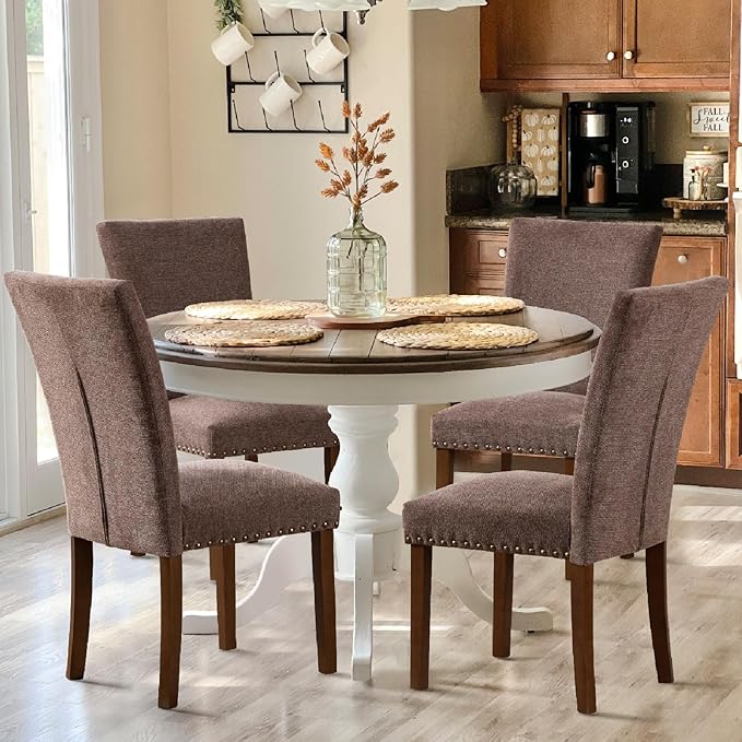 COLAMY Upholstered Dining Chairs Set of 6, Parsons Nailhead Dining Room Kitchen Chairs with Wood Legs - Brown
