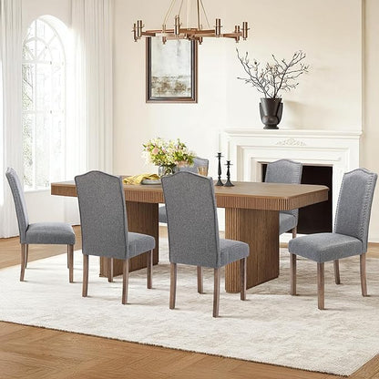 Upholstered Dining Chair Modern Stylish Parsons Kitchen Diner High Back with Silver Nailhead Trim & Wood Legs, Set of 2, Fabric Classic Grey