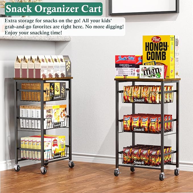 OKZEST 4-Tier Small Kitchen Storage Cart on Wheels, Metal Fruit Basket Stand with Pull-Out Baskets & Wood Top for Potato Onion Produce Snack Veggies