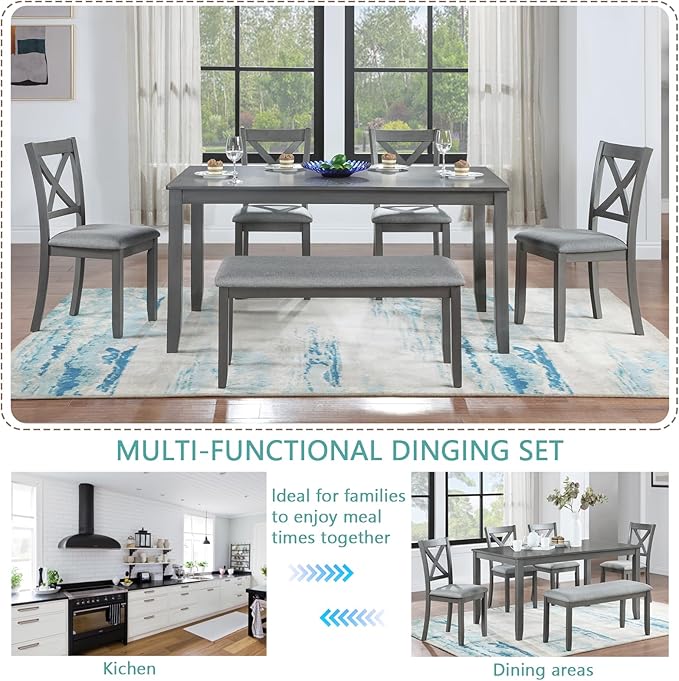 6-Piece Kitchen Dining Set, Rectangular Wooden Dining Table with 4 Upholstered Chairs and 1 Bench, Modern Dining Table Set for 6 People for Dining Room, Home Bar and Kitchen, Gray