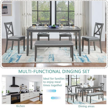 6-Piece Kitchen Dining Set, Rectangular Wooden Dining Table with 4 Upholstered Chairs and 1 Bench, Modern Dining Table Set for 6 People for Dining Room, Home Bar and Kitchen, Gray