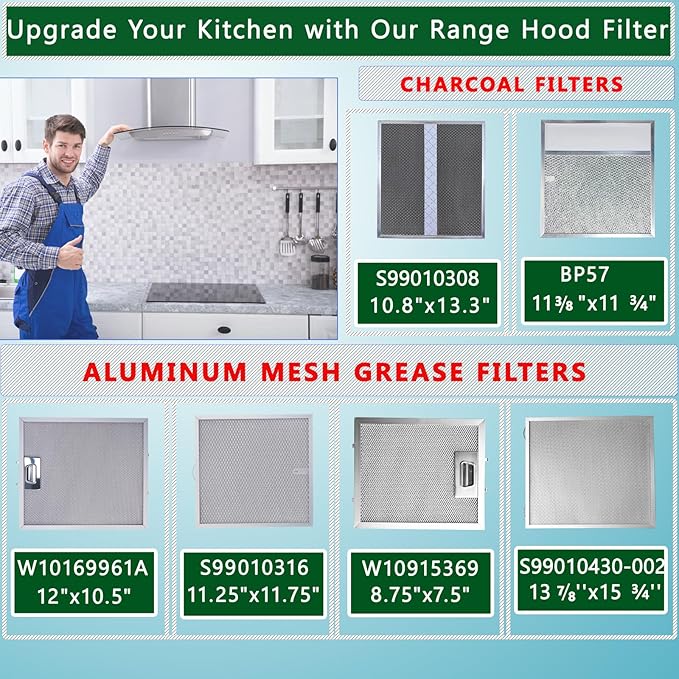 2-Pack S99010316 range hood filters by size 11-1/4" x 11-3/4" fit for b-roan Nu-t-one Ken-more range hood grease filters and WA65AF NTK7450000 990721400A etc stove hood filter replacement