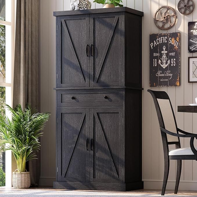 kepptory 72" Tall Kitchen Pantry Cabinet, Black Pantry Storage Cabinet with Adjustable Shelves, Barn Doors and Drawer, Farmhouse Cupboard for Kitchen, Dining Room, Bathroom (16" D x 30" W x 72" H)