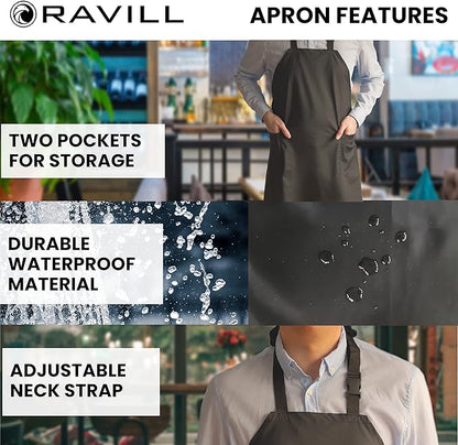 Ravill Waterproof Apron For Men and Women - 2 Pockets - 35" Long Multi Purpose Work Aprons for Dishwashing, Dog Grooming