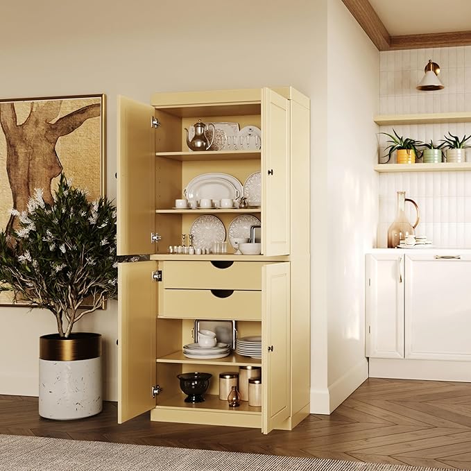 Palace Imports Solid Wood Kitchen Pantry Cabinet - 71.5" H x 32" W Tall Storage Cupboard - Yellow, Adjustable Shelves & 2-Drawer Kit, Freestanding, 100% Renewable Eco-Friendly Wood, Made in Brazil