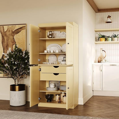 Palace Imports Solid Wood Kitchen Pantry Cabinet - 71.5" H x 32" W Tall Storage Cupboard - Yellow, Adjustable Shelves & 2-Drawer Kit, Freestanding, 100% Renewable Eco-Friendly Wood, Made in Brazil