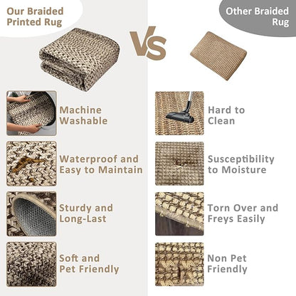 Imitation Braided Collection-Print Farmhouse Living Room Area Rug 8x10 Non-Slip Washable Rugs, Modern Large Carpet, Stain Resistant Ultra-Thin Foldable Floor Cover for Nursery Dining Room