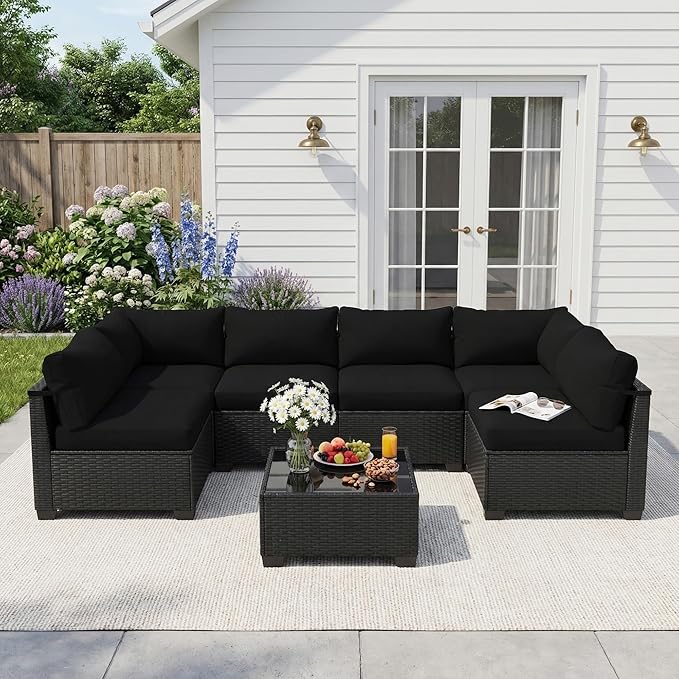 Patio Furniture Set, 7-Piece Outdoor Sectional Couch with Coffee Table & Thick Cushions, Outdoor Wicker Conversation Set for Backyard, Poolside, Garden (Crossbody Black-Black, 7 Piece-Single)