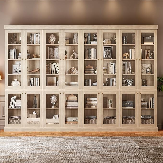 70.8" Farmhouse Kitchen Pantry Cabinet with Glass Doors, Modular Storage Cabinet with 6-Tier Adjustable Shelves, Large Storage Cabinet for Kitchen or Living Room, Set of 4, Brown