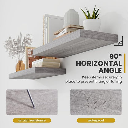 Acovy 16 Inch Floating Shelves, 9.3" Deep Floating Shelf Wall Mounted, 16" Wall Shelves, Rustic Deep Bookshelf, Large Display Shelves & Storage Shelves for Bedroom, Living Room, Grey, Set of 2