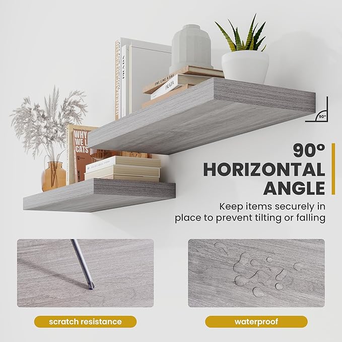 Acovy 48 Inch Floating Shelves, 9.3" Deep Floating Shelf Wall Mounted, 48" Wall Shelves, Rustic Deep Bookshelf, Large Display Shelves & Storage Shelves for Bedroom, Living Room, Gray, Set of 1
