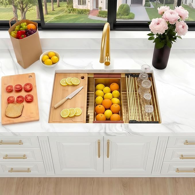 33 Inch Gold Undermount Kitchen Sink, NANO-PVD 304 Stainless Steel Sinks 16 Gauge Single Bowl Ledge Workstation With Accessories, 33"x19"x9" Inch Large and Deep Basin