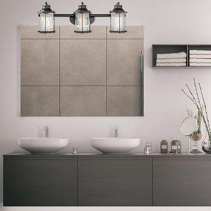 Globe Electric 51549 5-Piece All-in-One Bathroom Set, Oil Rubbed Bronze, 3-Light Vanity Wall Light with Ribbed Seeded Glass Shades, Towel Bar and Ring, Robe Hook, Toilet Paper Holder