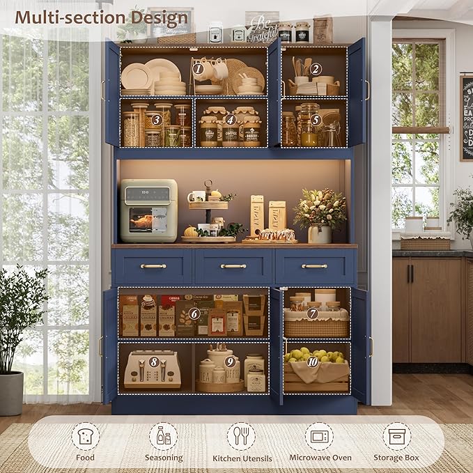 HOSTACK 72" Tall Kitchen Pantry Cabinet with Charing Station | LED Lights, 47" W Kitchen Pantry Storage Cabinet with Countertop, Modern Kitchens Hutch Cabinets with Storage for Dining Room, Blue