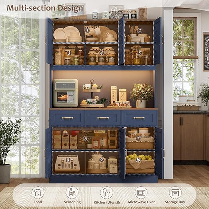 HOSTACK 72" Tall Kitchen Pantry Cabinet with Charing Station | LED Lights, 47" W Kitchen Pantry Storage Cabinet with Countertop, Modern Kitchens Hutch Cabinets with Storage for Dining Room, Blue