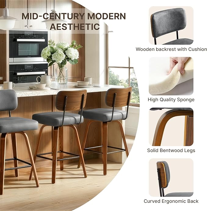 Swivel Bar Stools Set of 3, 26" Upholstered Counter Height Bar Stools with Back and Bent Walnut Wood Legs, Faux Leather Modern Barstools for Kitchen Island,Gray