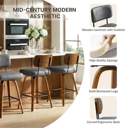 Swivel Bar Stools Set of 3, 26" Upholstered Counter Height Bar Stools with Back and Bent Walnut Wood Legs, Faux Leather Modern Barstools for Kitchen Island,Gray