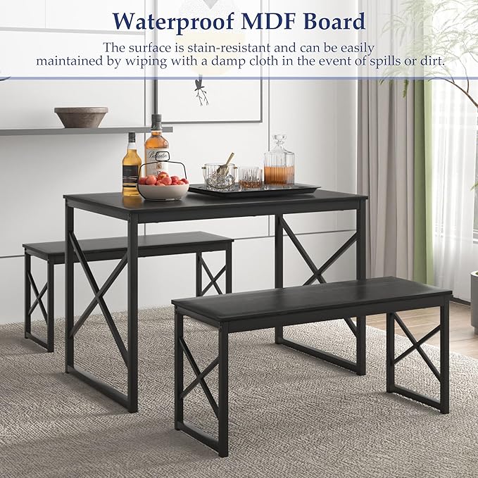 VECELO Kitchen Dining Table Benches Set for 4, 43.3" Wooden Dinette with 2 Benches, Heavy-Duty Dining Room Table for Small Space, Breakfast Nook, Black