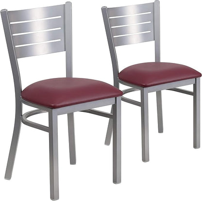 Flash Furniture 2 Pk. HERCULES Series Silver Slat Back Metal Restaurant Chair - Burgundy Vinyl Seat