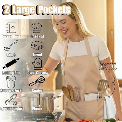 TOSHE Kitchen Apron Waterdrop Resistant Cotton Apron with adjustable Aprons for Women with Pockets 10 Color option Cooking Beige Apron(Beige)