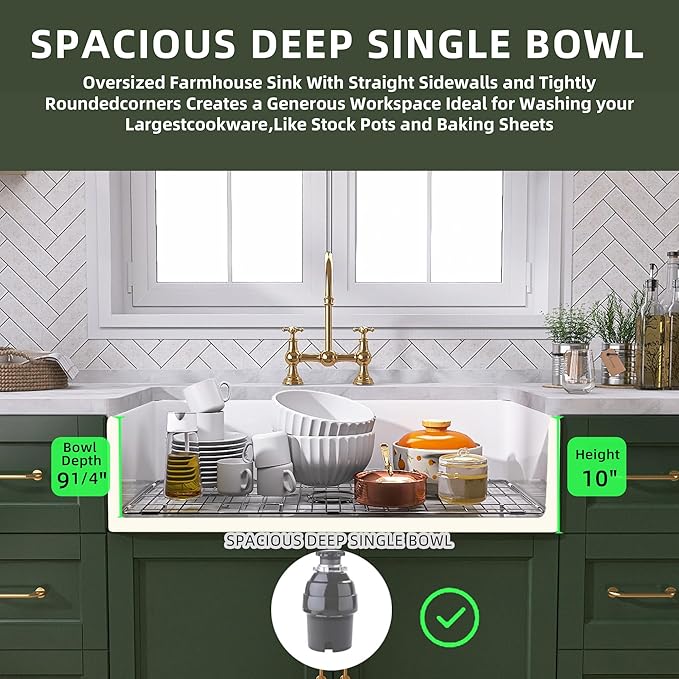 TUKTUK White Farmhouse Sink 33 inch Fireclay Apron Front Farm House Kitchen Sink Single Bowl Deep Drop In Undermount Reversible Heavy Duty Easy to Clean Porcelain Kitchen Basin Modern Luxury Accessory