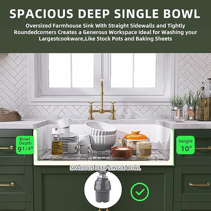 TUKTUK White Farmhouse Sink 33 inch Fireclay Apron Front Farm House Kitchen Sink Single Bowl Deep Drop In Undermount Reversible Heavy Duty Easy to Clean Porcelain Kitchen Basin Modern Luxury Accessory