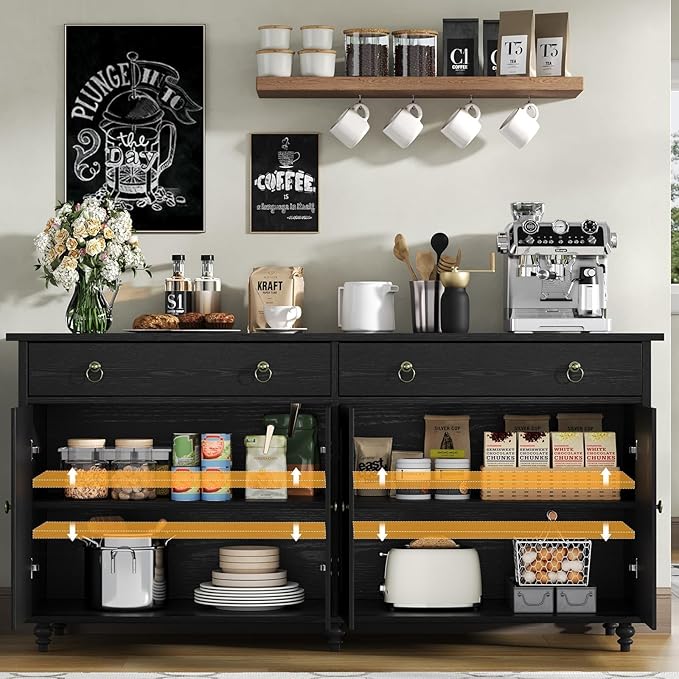 4 EVER WINNER Black Coffee Bar Cabinet, 55" Large Buffet Cabinet with Storage & Adjustable Shelves, Farmhouse Sideboard Buffet Cabinet with 2 Drawers and 4 Doors for Kitchen, Dining Room, Living Room