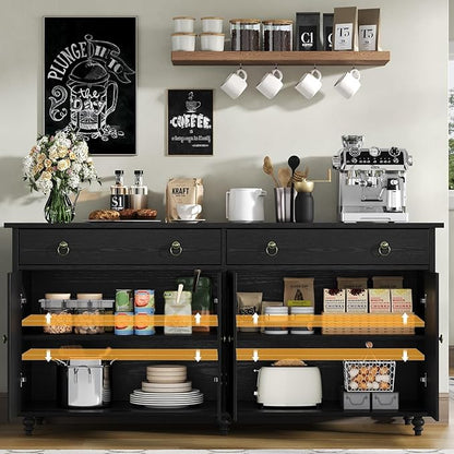 4 EVER WINNER Black Coffee Bar Cabinet, 55" Large Buffet Cabinet with Storage & Adjustable Shelves, Farmhouse Sideboard Buffet Cabinet with 2 Drawers and 4 Doors for Kitchen, Dining Room, Living Room