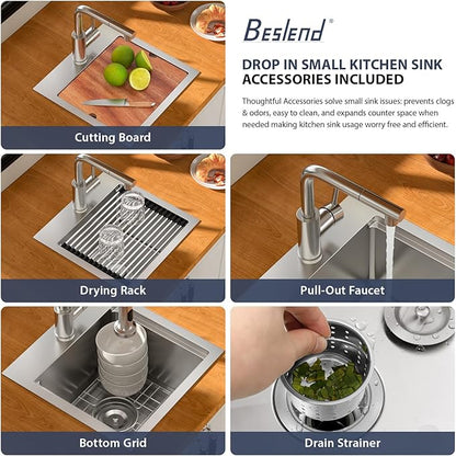 15 Outdoor Kitchen Sink with Faucet- Beslend 15X15 Drop In Outdoor Bar Sink with Pull-Out Faucet and Cover, 16 Gauge Stainless Steel Kitchen Sinks Workstation Single Bowl Above Counter Indoor Outdoor