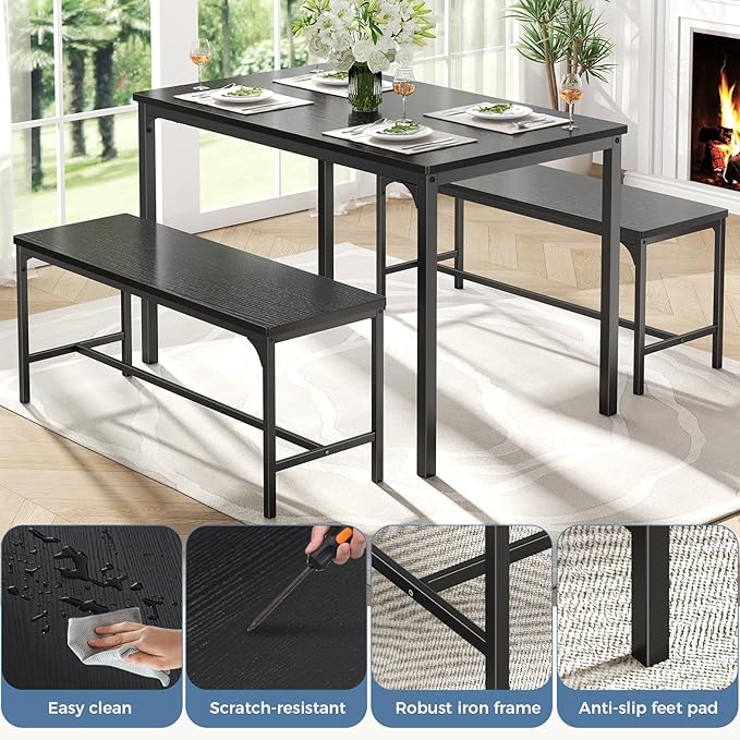 DUMOS Dining Table, Dining Table Set for 4 with Bench, Easy to Assemble Kitchen Table, Space-Saving Ideal 4-Person Set for Dining Room Kitchen Apartment Corner Dark Black 3 Pack