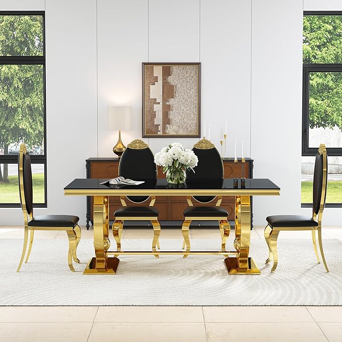 7-Piece Modern Dining Table Set, 70" Black Tempered Glass Kitchen Table with Gold Polished Stainless Steel U-Shaped Pedestal Base and 6 Black PU Leather Chairs with Mirrored Legs, for Dining Room