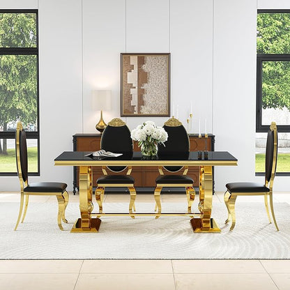 7-Piece Modern Dining Table Set, 70" Black Tempered Glass Kitchen Table with Gold Polished Stainless Steel U-Shaped Pedestal Base and 6 Black PU Leather Chairs with Mirrored Legs, for Dining Room