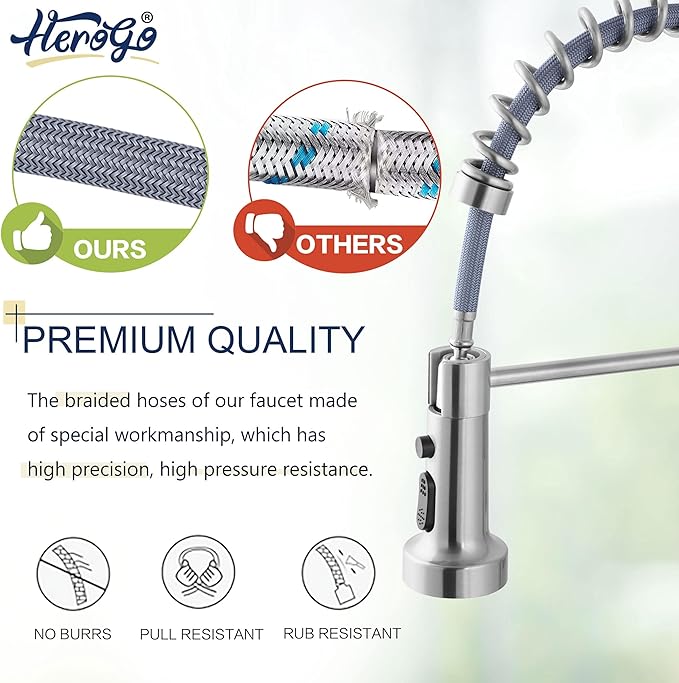 Kitchen Faucets with Pull Down Sprayer Brushed Nickel, Herogo 2.0 Upgraded Commercial Stainless Steel Single Handle Pull Out Spring Sink Faucets with Deck Plate for Utility Farmhouse Laundry Rv Wet