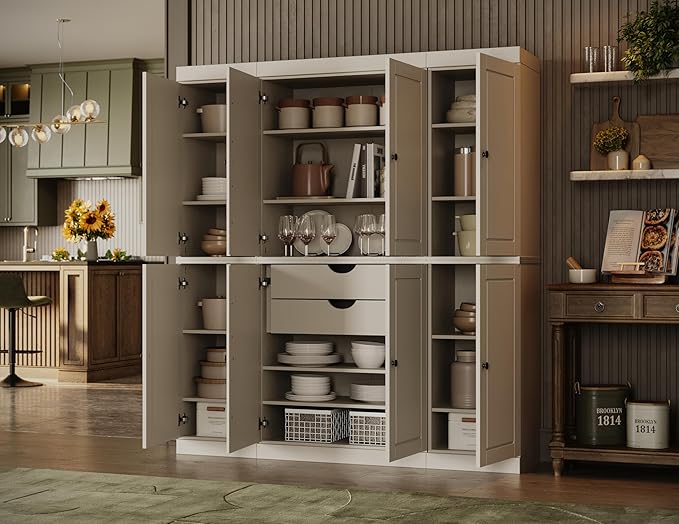 Palace Imports Solid Wood Storage Cabinet - 71.5" Tall, 65" Wide Freestanding Kitchen Pantry with 2-Drawer Kit & Adjustable Shelves – Off White, 100% Renewable Eco-Friendly Wood, Modular Cabinets