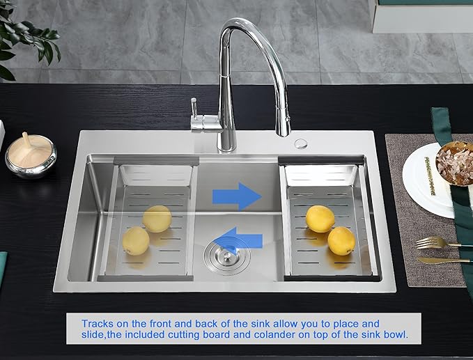 MENATT 30 inch Kitchen Sink Drop In, 18 Gauge Stainless Steel Handmade Drop in Workstation Kitchen Sink, 2 Hole Single Bowl Topmount Kitchen Sinks with Cutting Board, D30"xW18"xH9"