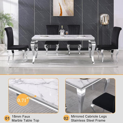 Modern Dining Table for 6-8, 68 Inch White Marble Kitchen Table with Silver Mirrored Cabriole Legs, Luxurious Rectangular Faux Marble Dining Room Table for Dining Room,Living Room(No Chairs)