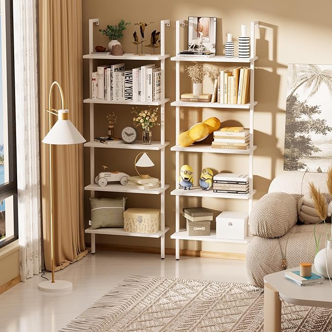 aboxoo Ladder Shelf 2 PCS White Bookshelf 5-Tier Wooden Open Shelf Wall-Mounted Wood Rack Industrial Modern Plant Flower Stand Utility Organizer Bookcase Metal Frame Furniture Office Kitchen Bedroom