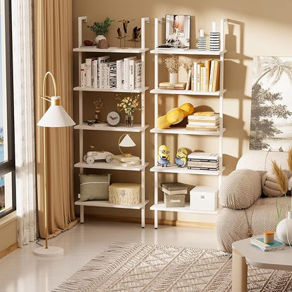 aboxoo Ladder Shelf White Wooden Bookshelf 5-Tier Wall-Mounted Open Wood Rack Industrial Modern Plant Flower Stand Utility Organizer Bookcase Metal Frame Furniture Office Kitchen Bedroom