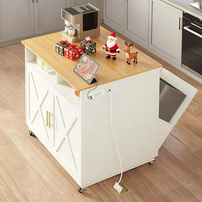 DWVO Kitchen Island with Power Outlet, 40 inch Rolling Island Table with Trash Can Cabinet fits Double 10-Gallon Bin, Square Mobile Storage Islands with Tilt Out Garbage Bin Cabinet, White Oak