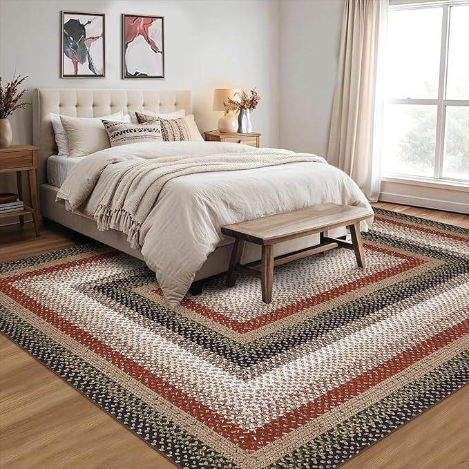 Imitation Braided Collection-Print Washable Rugs 5x7 Rug for Living Room Modern Geometric Rugs for Bedroom Farmhouse Non Slip Entryway Rug Soft Stain Resistant Carpet for Entrance Dining Room