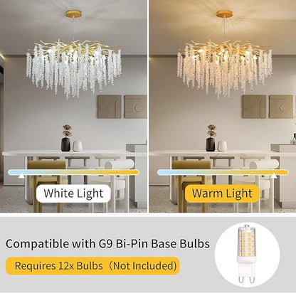 Crystal Tree Branches Chandeliers Luxury Round Raindrop Pendant Light Fixture Ceiling Hanging Light for Dining Room Bedroom Living Room Entryway D31.5“ Gold