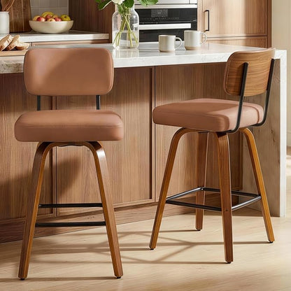 Swivel Bar Stools Set of 2, 26" Upholstered Counter Height Bar Stools with Back and Bent Walnut Wood Legs, Faux Leather Modern Barstools for Kitchen Island,Brown