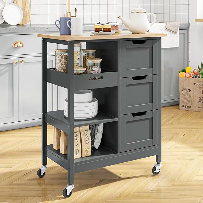 DWVO Solid Wood Top Rolling Kitchen Island Cart, 3 Tier Mobile Kitchen Storage Island Cart with 3 Drawers and 3 Opening Storage Shelves for Kitchen & Dining Area, Gray