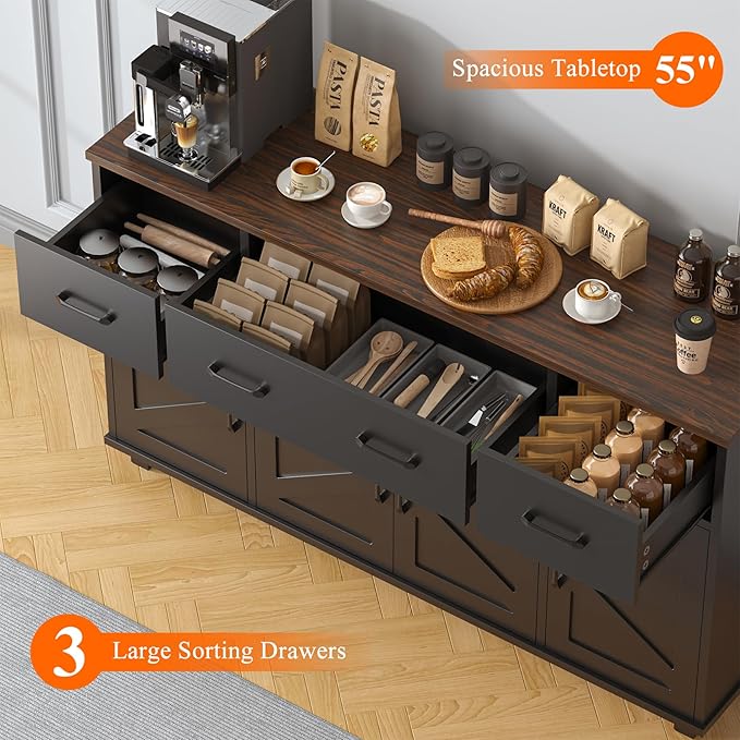VVFLU 55" Sideboard Buffet Cabinet with Storage, Coffee Bar Cabinet with 3 Drawers and 4 Barn Doors, Long Storage Cabinet Modern Farmhouse, Black Wood, for Kitchen, Dining Room, Living Room