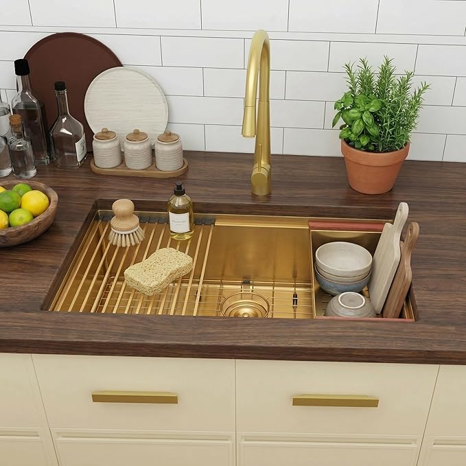 Kitsitchen Gold Kitchen Sink, 32 Inch Gold Undermount Kitchen Sink, 16 Gauge Stainless Steel Undermount Kitchen Sink,10 Inch Deep Single Bowl Kitchen Sinks with Practical Accessories, R10 Round Corner