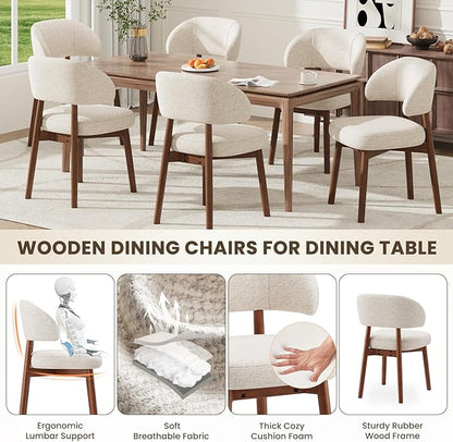 MALOL Wooden Dining Chairs Set of 6, Modern Upholstered Dining Room Chair, Fabric Kitchen Side Chairs with Curved Open Back for Living Room/Restaurant/Cafe, Beige